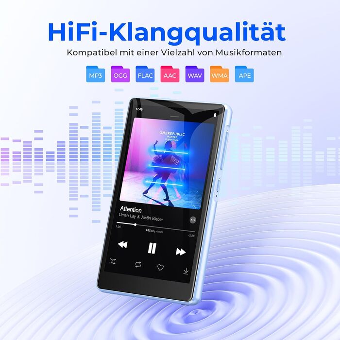 MP3 плеєр з Bluetooth та WiFi на 160 ГБ, 4.5-дюймовий сенсорний екран, підтримка Spotify (синій, 96ГБ)