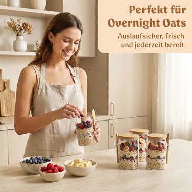 EDELHAUS Банки для Overnight Oats 4x500 мл з кришками, етикетками та ложками - герметичні скляні банки для вівсянки, йогурту, чиа-пудингу, спецій