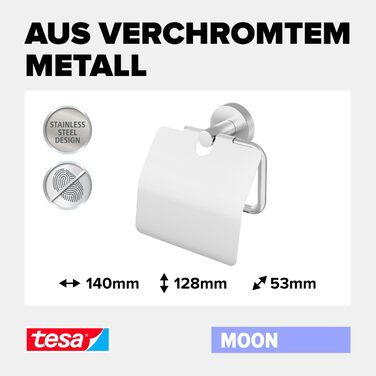 tesa Moon Toilet Paper Holder with Cover, Chrome - Wall-Mountable Toilet Roll Holder without Drilling, Includes Adhesive Solution - 53 mm x 140 mm x 128 mm