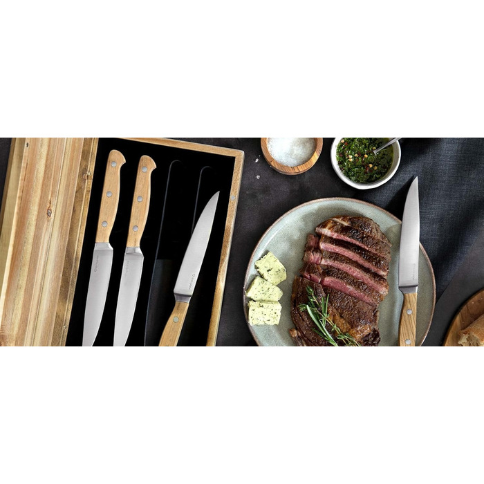 SPRINGLANE Steak Knife Set, 4 Pieces with Elegant Olive Wood Handles, Cutlery Set with Wooden Handles, 12.5 cm Blade Length Made of German Steel, including Gift Box