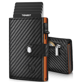 Чоловічий гаманець TENBST з RFID захистом, шкіряний Slim Wallet, картфутляр на 8-10 карт, подарунковий набір (Чорний/Помаранчевий)