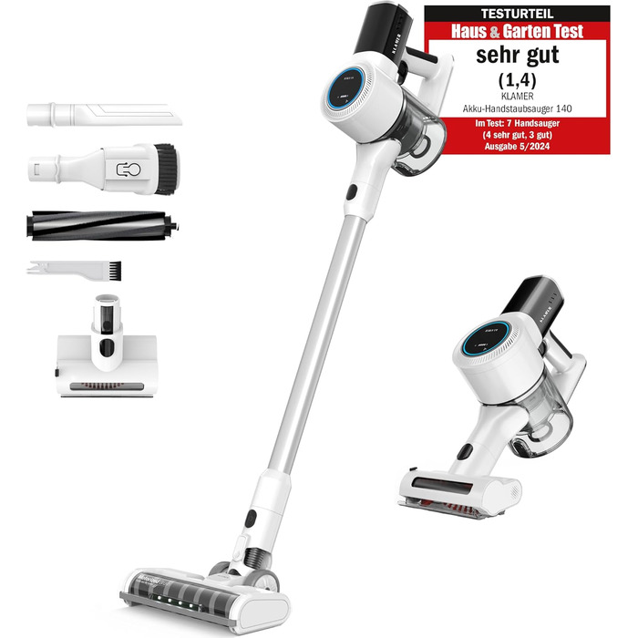 Бездротовий акумуляторний пилосос 2-в-1 Klamer з HEPA-фільтром для дому, авто та килимів. Час роботи до 45 хв. (Білий/Срібний)