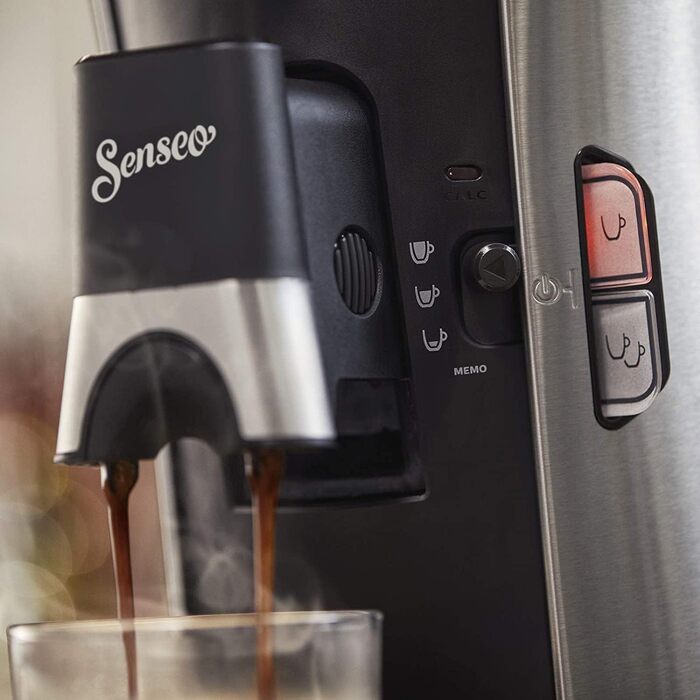 PHILIPS Senseo Select Coffee Pad Machine – Coffee Strength Choice Plus, Memo Function, Crema Plus Technology, 0.9L Water Tank, Two-Cup Function, Adjustable Outlet, Environmentally Friendly (CSA250/10) Brushed Steel