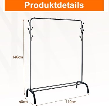 Стійка для одягу на підлозі, чорна, з полицею для взуття та нижньою полицею, металева, для спальні