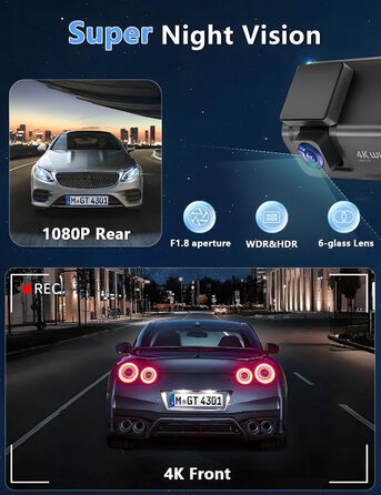 Відеореєстратор Chortau Dashcam 4K+1080P з двома камерами, WiFi, LCD 3 дюйми, 64GB SD, Нічне бачення, G-сенсор, Park Mode