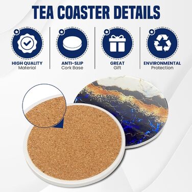 Guruji Divinity Absorbent Ceramic Stone Coasters, Set of 6, with Cork Bottom, Fun Drink Coasters with Holder for Cold Drinks, Wine Glasses and Cups, Table Protector, 10.2 cm (purple) (Glossy - Blue-White)
