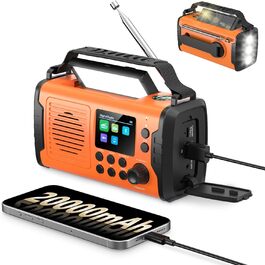 Радіо з ручним приводом DAB FM, 20000mAh, Радіо для надзвичайних ситуацій з сонячною панеллю, Bluetooth, годинник, зарядний пристрій для телефону, ліхтарик, компас SOS, радіо виживання (Помаранчевий)