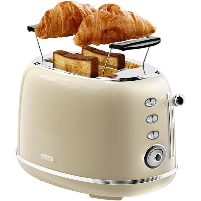 Ретро тостер на 2 тости з нержавіючої сталі – з підставою для булочок, 6 рівнів підсмажування, функція підігріву та розморожування, автовимкнення, кремовий колір, ідеальний для сендвічів та тостів – TS-R008