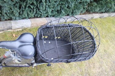 Корзина для велосипеда для перевезення багажу з лози з металевою сіткою та подушкою, чорна XL або XXL. Підходить для собак та інших тварин. Розміри: 56 x 36 x 45 см (XL без подушки)