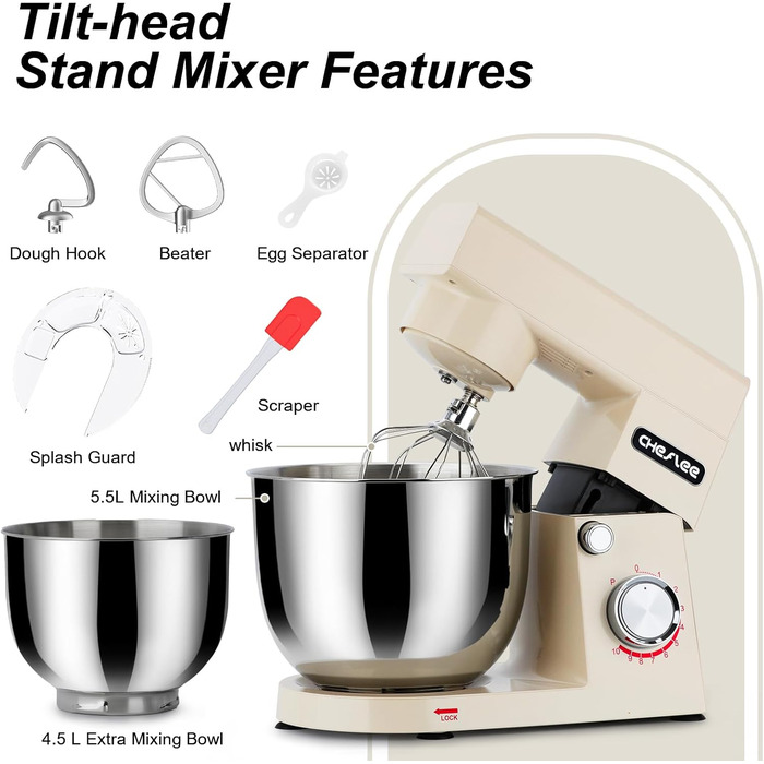 Кухонний комбайн Cheflee 1500W з місткими чашами 4.5 та 5.5L з нержавіючої сталі, 10+ швидкостей, з гаками для тіста, вінчиком та насадками для збивання, з кришкою-розбризкувачем