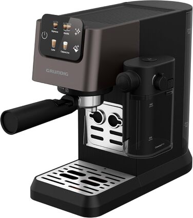 GRUNDIG KSM 5330 Espresso Machine with Integrated Milk Container, 1628 W Power, 15 bar Pump Pressure, Dual Nozzle, Color Touch Display, BrewSense, CreamyPro, Dark Inox/Black. With Milk Container