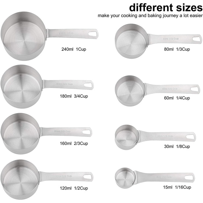 Stainless Steel Measuring Cups and Spoons Set, 8 Piece Measuring Cups, 9 Piece Spoons, 1 Leveler, 1 Conversion Chart for Stainless Steel Measuring Cups, 18/8 (304)