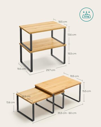 SONGMICS Spice Rack, 4-Piece Set, Kitchen Shelf, Kitchen Organizer, Expandable, Spice Holder, Stackable, with Metal Frame, 19.5 x 29.7 x 15.8 cm, Ink Black-Natural Beige KCS10NB