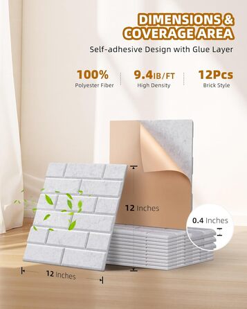 Акустичні панелі Jamelo 3D цегла самоклейні, 30x30x0,9 см, 12 шт. — звукоізоляція та декорування стін для студії, спальні та офісу (світло-сірий)