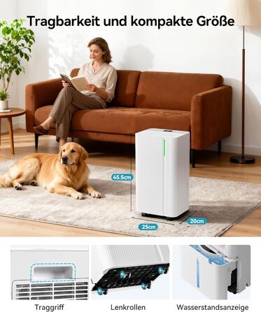 EUHOMY Електричний осушувач повітря 12л/24г, тихий та енергоефективний, з відведенням води, автоматичним розморожуванням, 3 режими, для квартири 25м²/122м³, спальні, підвалу