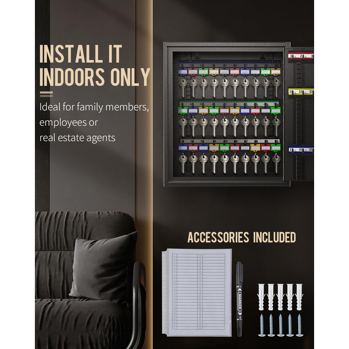 Шкафчик для ключів Uniclife на 60 позицій з комбінацією та ключовим замком, чорного кольору, з регульованими полицями. Цифрова скринька безпеки, органайзер для ключів