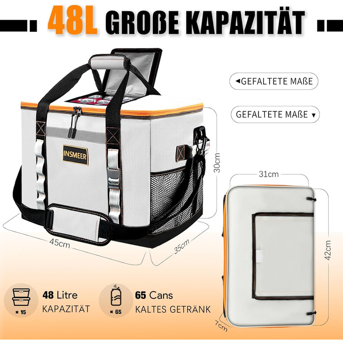 Сумка-холодильник INSMEER 48L для пікніків, кемпінгу та пляжу (сіра)
