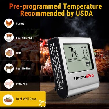 Термометр для м'яса ThermoPro TP16: цифровий, з таймером, для приготування на грилі, мангалі, духовій шафі