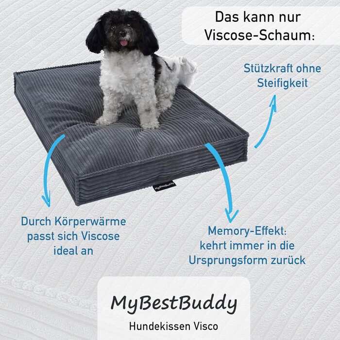 MyBestBuddy Visco Dog Bed Grey 70x50 cm M with POSO-Cord Fabric with Visco Foam and Comfort Foam Flakes, 40°C Washable - Dog Bed/Pet Bed for Small Dogs, 70 x 50 cm