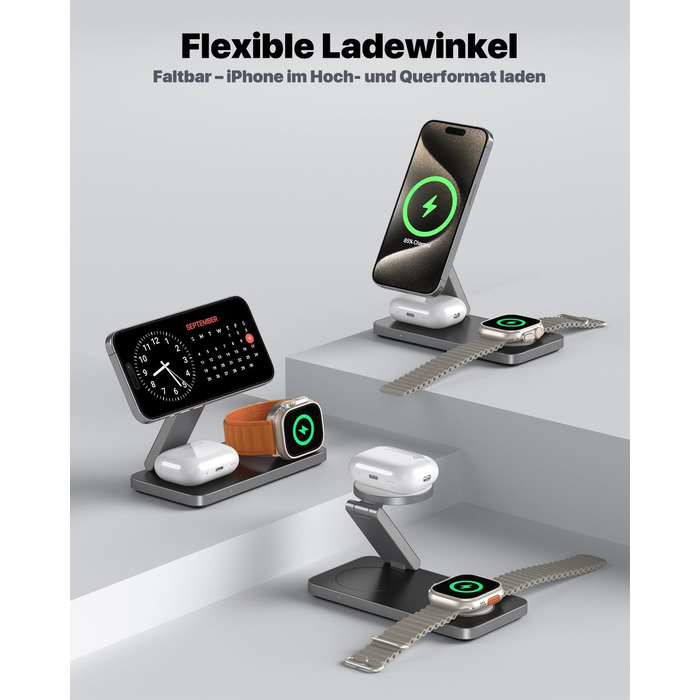 Бездротова зарядна станція 3-в-1 з Qi2.2 25W для Apple Watch та iPhone (MagSafe) + адаптер 35W, чорна