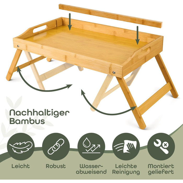 Бамбуковий приліжкові столики Blumtal з ніжками для планшетів/телефонів - столики для сніданку в ліжко - складаний приліжкові столики 50 x 30 x 6 см - сервірувальне піднос з ніжками - стабільний приліжкові столики з натурального дерева