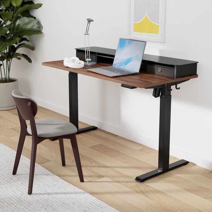 FEZIBO Electric Standing Desk with 2 Drawers - 140x60cm Adjustable Height Desk with Memory Control, Anti-Collision System, Light Brown Home Office Desk
