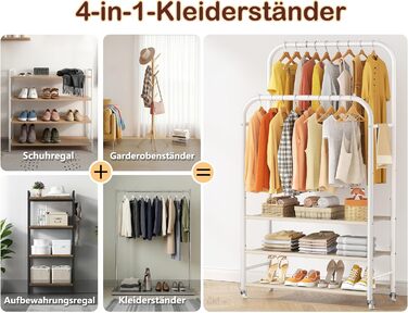 Вішалка для одягу HOMIDEC з 3 полицями, подвійна штанга на колесах, металевий каркас, біла - до 80 кг