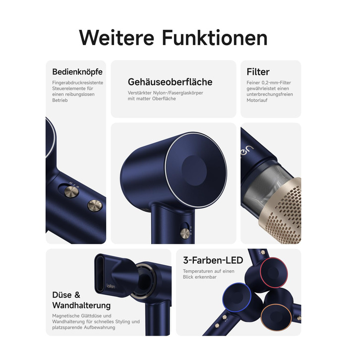 Фен Laifen з магнітною насадкою, 200 млн негативних іонів, 110 000 об/хв, швидке сушіння, Swift Premium, кобальтово-синій