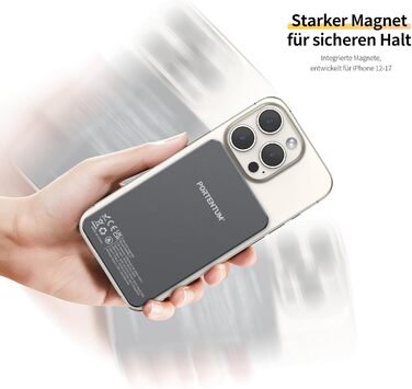 Портативний зарядний Power Bank Portentum MagSafe 10000 mAh: Швидка зарядка 22.5W, Qi 15W, USB-C, USB-A, Ultra-Slim 14mm для iPhone, Samsung, смартфонів, планшетів