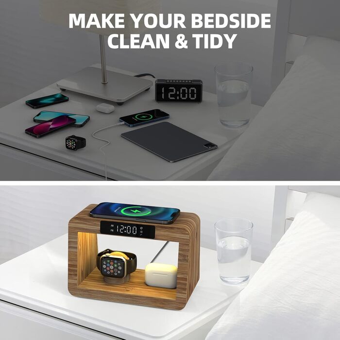 Багатофункціональна бамбукова зарядна станція 5-в-1 з бездротовим зарядним пристроєм, світлодіодним нічником та годинником, сумісна з Apple Watch, AirPods, Samsung Galaxy та іншими пристроями