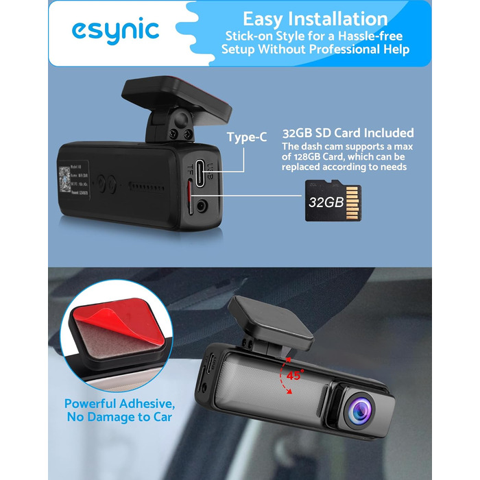 eSynic Міні відеореєстратор (Dashcam) Auto WiFi 1080P Full HD – 160° Широкий кут, Нічне бачення, G-сенсор, Паркувальний режим, Керування через App, WiFi, 32GB SD-карта в комплекті