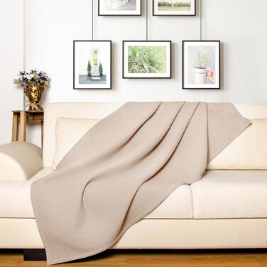 Плед LAYNENBURG Premium 180x220 см, вафельна тканина, 100% бавовна, бежевий колір. Плед для ліжка, дивана, софи.