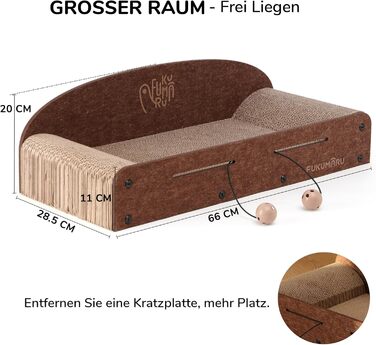 Cat Scratch Board, 66cm durable scratching cardboard and felt, large lounging area, 2 reversible cat scratching pads for cats, recyclable corrugated cardboard cat bed with jingle ball toy, caramel color
