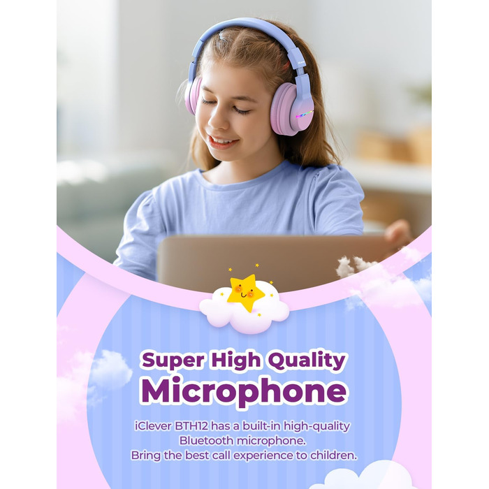 iClever Бездротові навушники для дітей з LED-підсвічуванням, Over-Ear, Bluetooth 5.2, мікрофон, рожевий градієнт, час роботи 85 годин