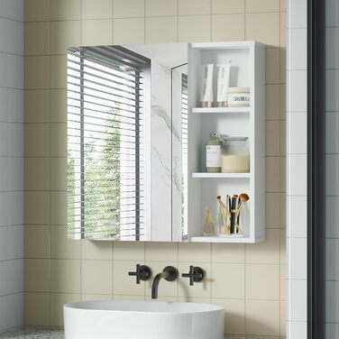 Bathroom cabinet with mirror, mirror cabinet for the bathroom wall-mounted with toothbrush holder and adjustable shelves, ventilation design, 65 x 15 x 65 cm, White