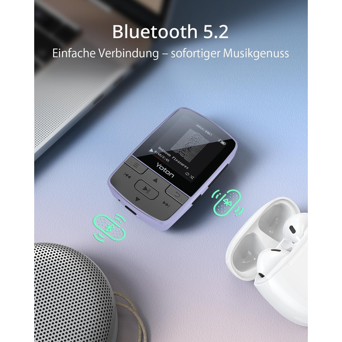 MP3-плеєр YOTON з Bluetooth 5.2, Hi-Fi звук, FM-радіо, диктофон, регулятор гучності, навушники, підтримка SD до 128 ГБ, фіолетовий