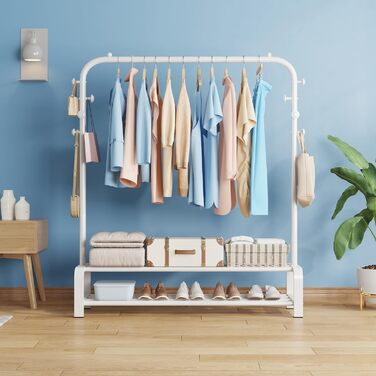 Clothes Rack, Coat Rack Stable Clothes Rod with 6 Hooks and 2 Shoe Shelf Storage Shelf, Bedroom Clothes Rack Freestanding Clothes Rail, (White)