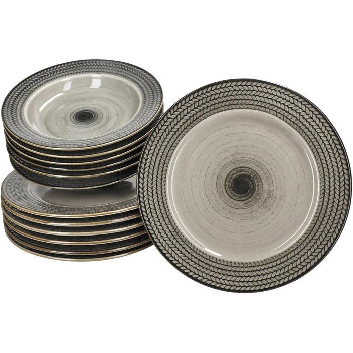 MÄSER Prospero 12-ти елементний сервіз для столу з коричневого фаянсу з рельєфом на 6 осіб. Включає 6 супових та 6 тарілок для їжі. Підходить для сніданку, обіду та вечері.