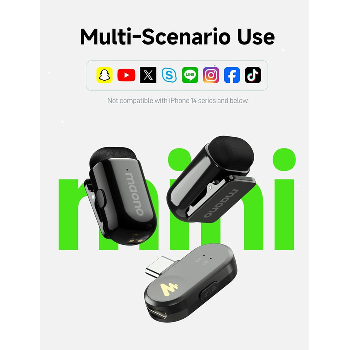 Мікрофон MAONO Wave T1 Mini USB-C: Бездротовий мікрофон для iPhone, Android, YouTube, Vlog (30 годин роботи)