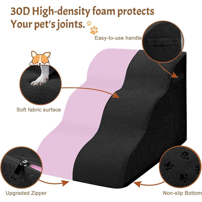 Trhillsbrad Breiter Hundetreppe 5 Stufen for Small Dogs, High-Density Foam Pet Stairs, Washable Cover and Non-Slip Bottom (Wide Dog Stairs 5 Steps Black)