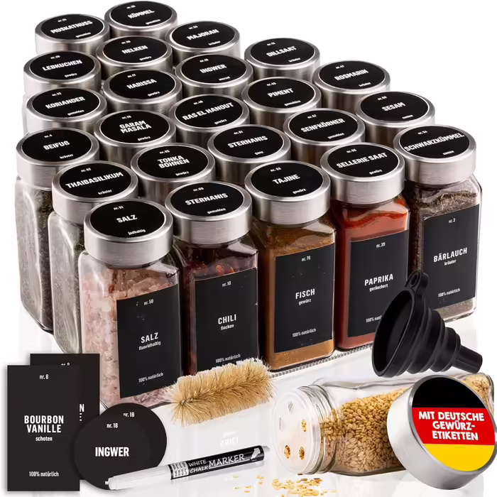 Deco haus® Square Spice Jars, Airtight, 24-Piece Set [Includes Labels & Shaker Insert] - Spice Jar Set Glass - Spice Containers - Spice Storage - Spice Organizer - Spice Storage