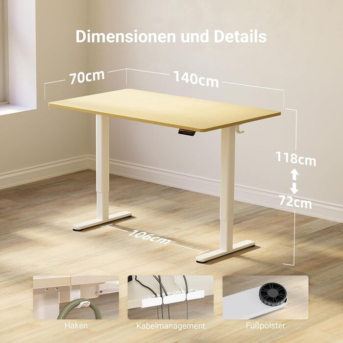 Claiks Electric Height Adjustable Desk 140x70cm - Standing Desk with Cable Management, Memory Function, & Ergonomic Design (FSC® Certified)
