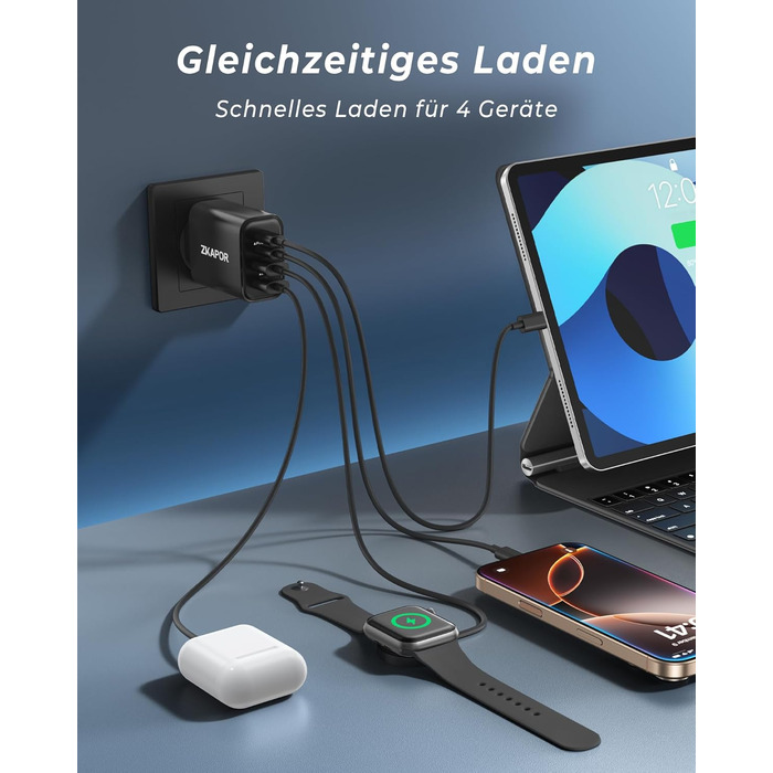 Зарядний пристрій ZKAPOR USB-C з 4 портами, 40W, з підтримкою PD та QC, для iPhone 16/15/14, Samsung Galaxy, Huawei, iPad Pro/Air, білий/чорний