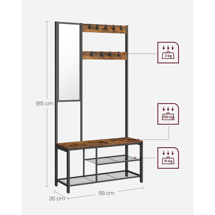 VASAGLE Coat Rack, Coat Stand with Hooks, Clothes Rack with Mirror, Shoe Bench and Shelves, 36 x 98 x 185 cm, for Entryway, Bedroom, Living Room, vintage brown-black HSRAM050B01