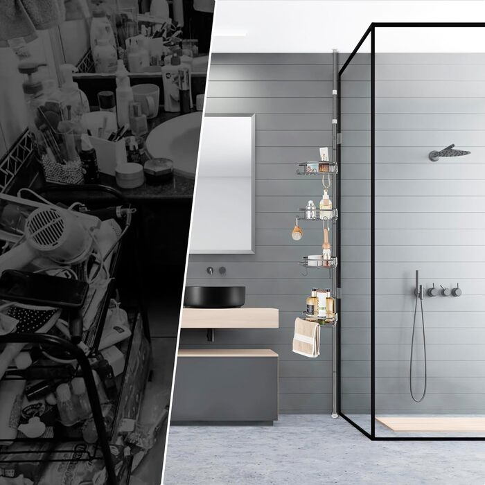 DUFU Shower Shelf Telescopic No Drilling with 4 Shower Basket Corner, Non-Slip, Stable Bathroom Shelf Made of Metal, Height Adjustable 85-325cm, Telescopic Shelf Bath Grey