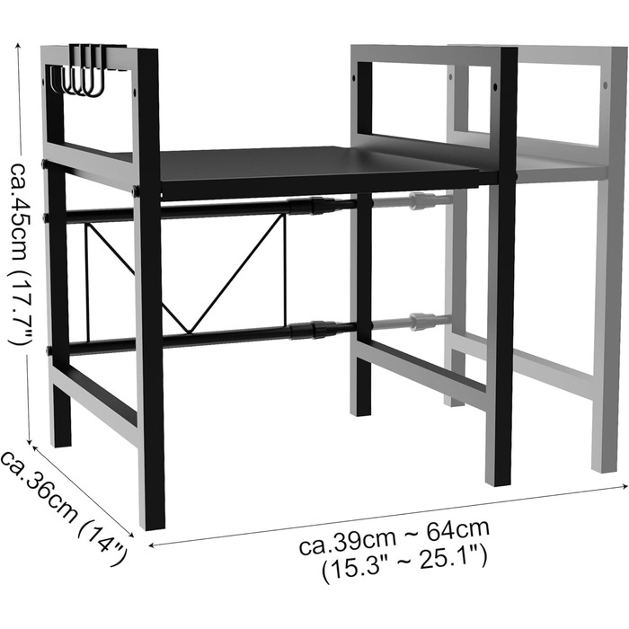 Розширювана полиця для мікрохвильової печі Ribelli, 2 яруси, сталева, з 3 гачками, чорна