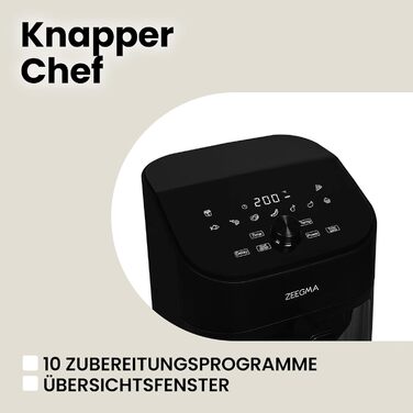 Фритюрниця без олії ZEEGMA KNAPPER, 1700 Вт, 2 відсіки, 9 л, таймер 60 хв, 11 програм, 60-200 °C, сенсорне керування, чорний колір