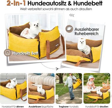 Portable Dog Car Seat for Small & Medium Dogs Under 15KG - Washable Travel Bed with Storage & Safety Belt (Green & Yellow)