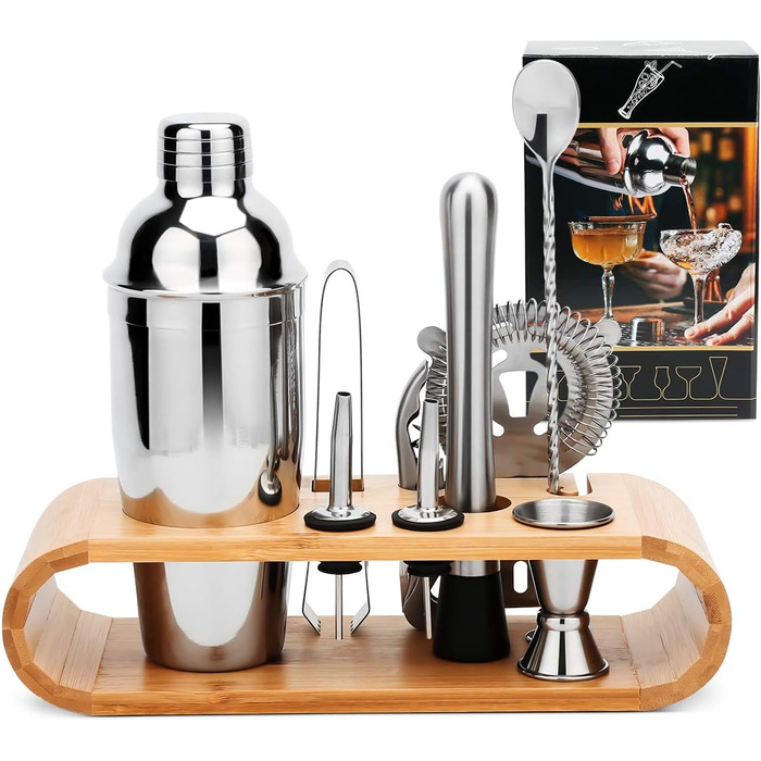 High-quality cocktail shaker set, cocktail mixing set, 10-piece, made of stainless steel, with bamboo storage, including cocktail shaker, jigger, strainer, muddler, bar spoon, ice tongs, bottle opener, and measuring tool.