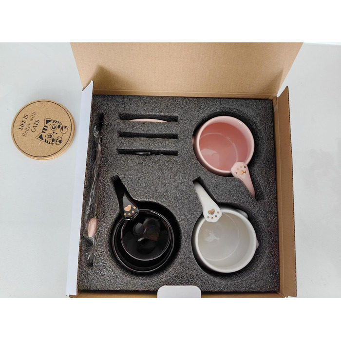 Set of 3 Cat Cups - Cute Ceramic Cat Cups with Lid, Spoon, and Coaster. Cat Coffee Mug for Women, Kids, 380ml. Christmas, Birthday Cat Gift Mug (Black, White, Pink)